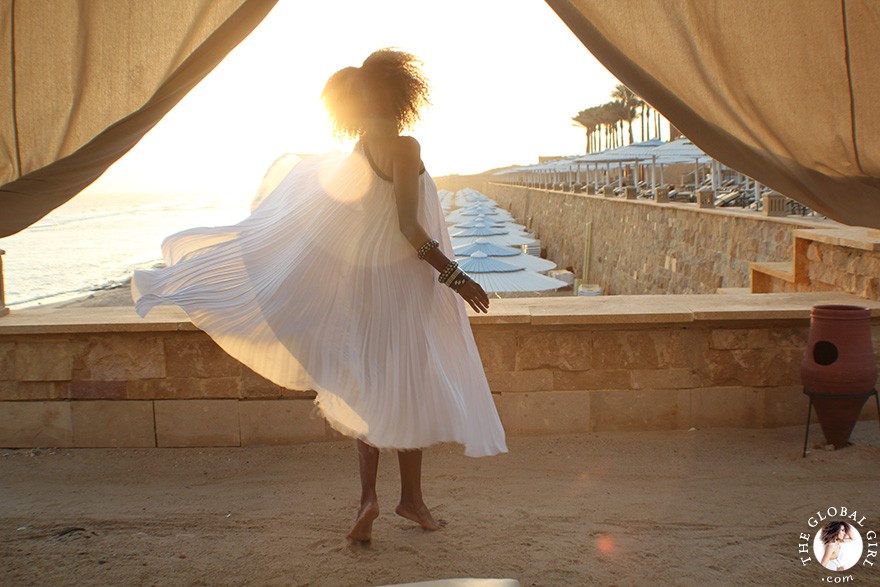 The Global Girl Editorials: Ndoema channels her inner goddess in a one-shoulder pleated dress at The Red Sea Riviera in Marsa Alam, Egypt.