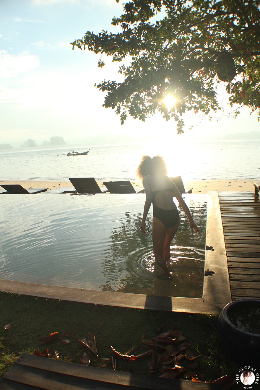 The Global Girl Travels: Ndoema greets the sunrise at Koh Yao Noi, Thailand's last unspoiled paradise.