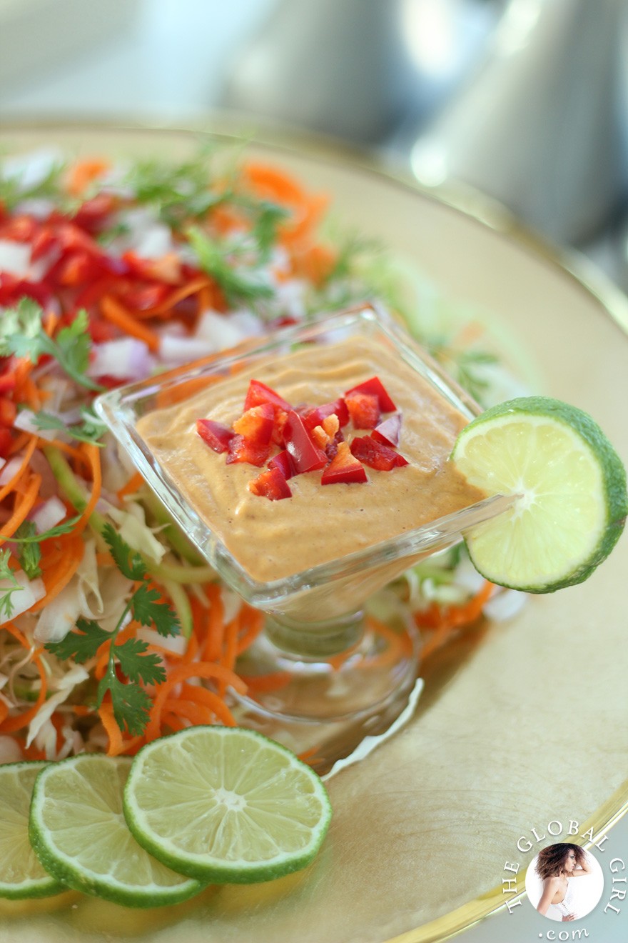 The Global Girl Raw Food Recipes: Cucumber pasta with Indonesian peanut sauce. Super light yet filling. A great healthy lunch or dinner recipe that's 100% raw, vegan, dairy free, gluten free, wheat free and oil free.
