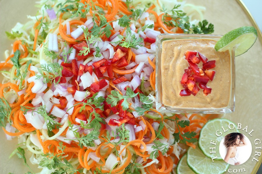 The Global Girl Raw Food Recipes: Cucumber pasta with Indonesian peanut sauce. Super light yet filling. A great healthy lunch or dinner recipe that's 100% raw, vegan, dairy free, gluten free, wheat free and oil free.