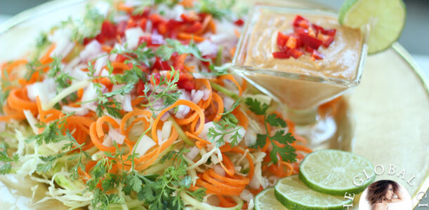 The Global Girl Raw Food Recipes: Cucumber pasta with a creamy Indonesian peanut sauce. Super light yet filling. A great healthy lunch or dinner recipe that's 100% raw, vegan, dairy free, gluten free, wheat free and oil free.