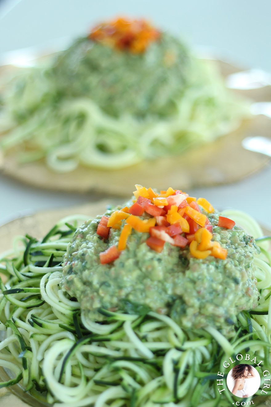 The Global Girl Raw Food Recipes: Raw vegan avocado basil sauce over zucchini noodles.