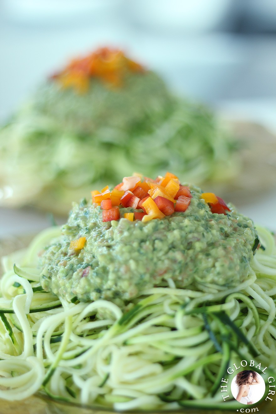 The Global Girl Raw Food Recipes: Raw vegan avocado basil sauce over zucchini noodles.