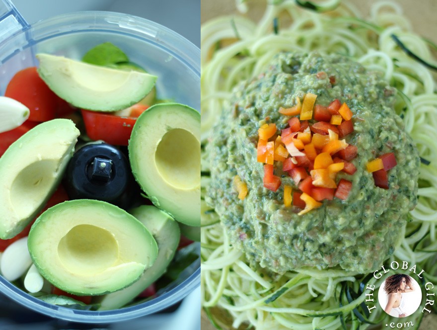 The Global Girl Raw Food Recipes: Raw vegan avocado basil sauce over zucchini noodles.