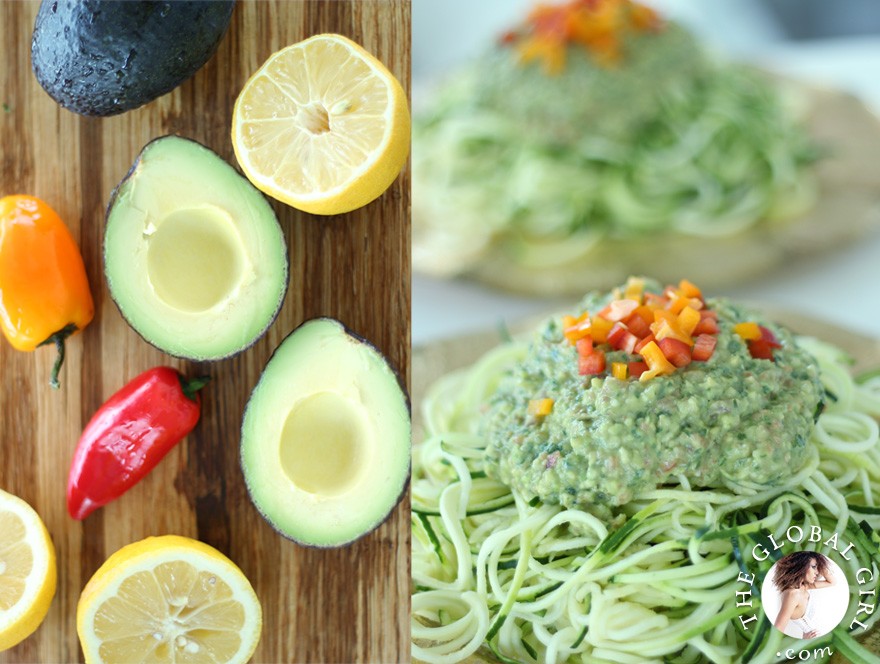 The Global Girl Raw Food Recipes: Raw vegan avocado basil sauce over zucchini noodles.