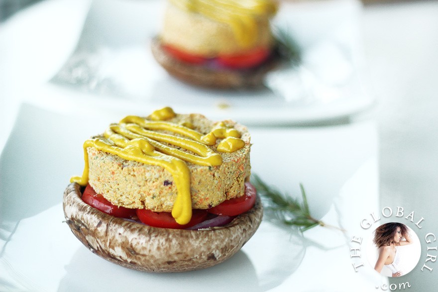 The Global Girl Raw Food Recipes: Raw Vegan Portobello Mushroom Burgers. Here's a hearty, tasty and healthy recipe for mushroom lovers and juicy burger aficionados. It's not only gluten-free, it's also totally raw, vegan (of course) and deliciously oil-free.