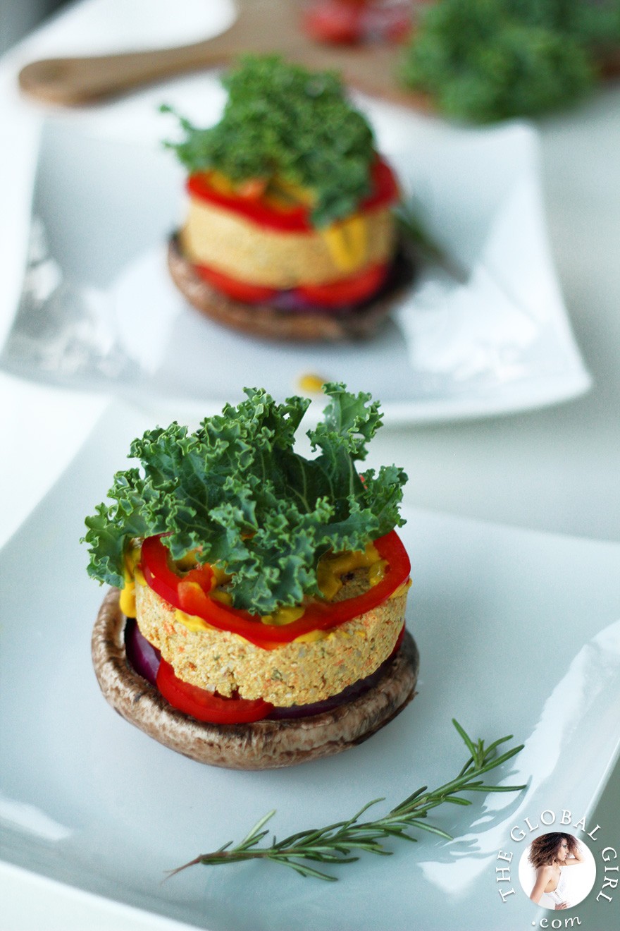 The Global Girl Raw Food Recipes: Raw Vegan Portobello Mushroom Burgers. Here's a hearty, tasty and healthy recipe for mushroom lovers and juicy burger aficionados. It's not only gluten-free, it's also totally raw, vegan (of course) and deliciously oil-free.