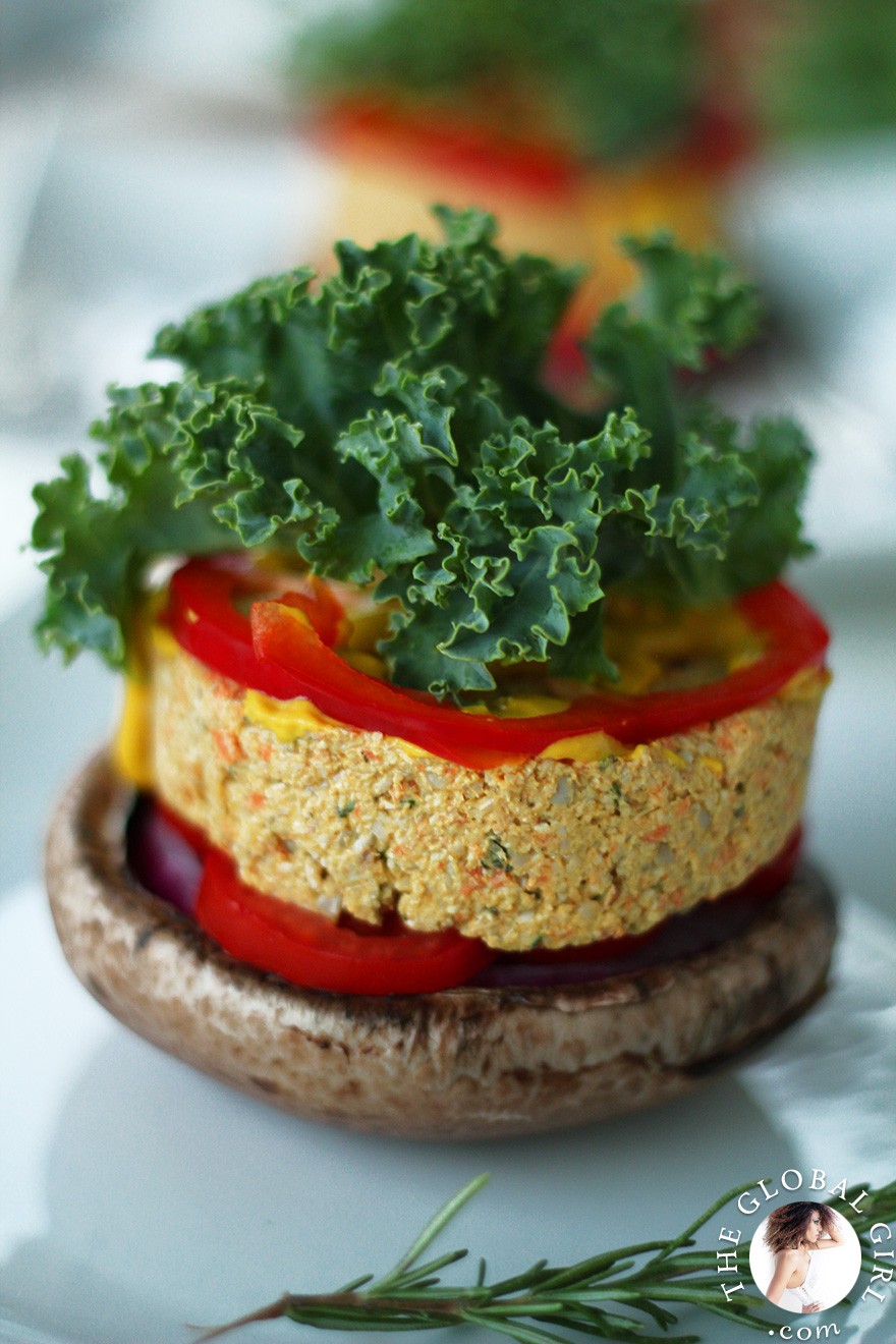 The Global Girl Raw Food Recipes: Raw Vegan Portobello Mushroom Burgers. Here's a hearty, tasty and healthy recipe for mushroom lovers and juicy burger aficionados. It's not only gluten-free, it's also totally raw, vegan (of course) and deliciously oil-free.