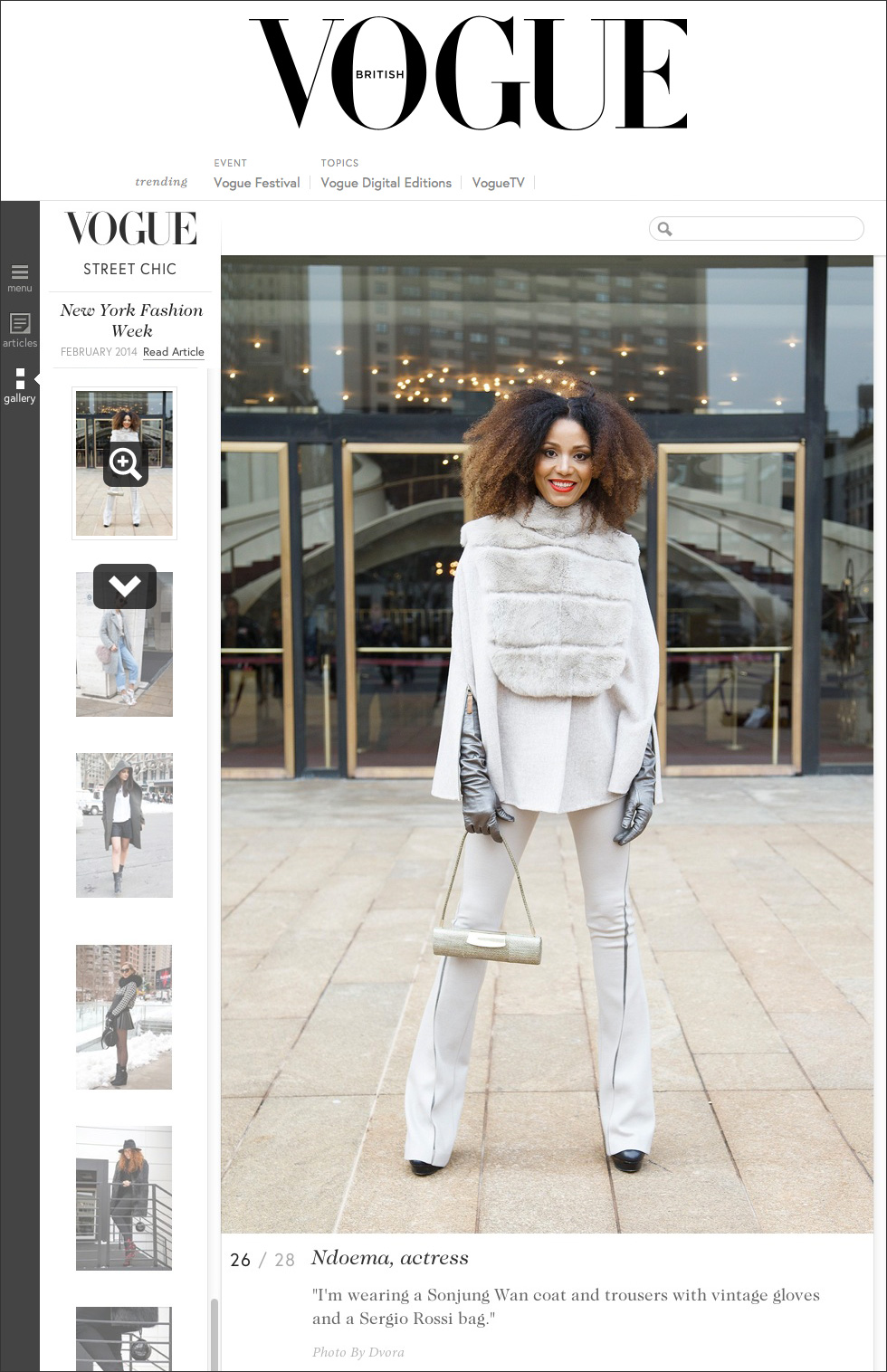 The Global Girl Press: Ndoema featured in British Vogue sporting Son Jung Wan beige cape and matching high-waisted flare pants with Sergio Rossi bag - New York Fashion Week Fall 2014