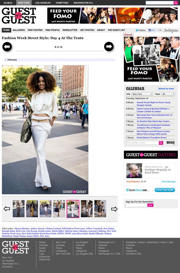 The Global Girl Press: Ndoema featured in Guest Of A Guest in an all-white look sporting a Rick Owens fishtail skirt, vintage cropped top and Onna Ehrlich gold metallic bag during New York Fashion Week