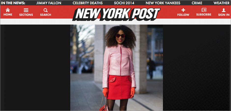 The Global Girl Press: Ndoema in The New York Post sporting a Prada pink leather jacket, Marc Jacobs miniskirt and quilted bag and LeSpecs cat eye mirrored sunglasses - New York Fashion Week Fall 2014