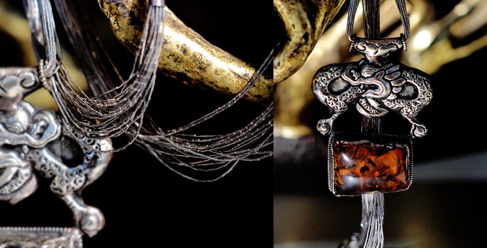 The Global Girl - From Ndoema's Closet: "Ouroboros" Amber and Sterling Silver Antique Dragon Tibetan Necklace