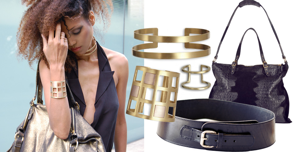 The Global Girl Fashion Week Looks: Ndoema rocks a Black & Gold look in Alexander Wang tuxedo halter top with plunging neckline, Onna Ehrlich Oversized gold metallic handbag and Maison Antonym gold vermeil choker, cuff and rings set. Vintage biker leather belt and Dolce Gabbana slit pants.