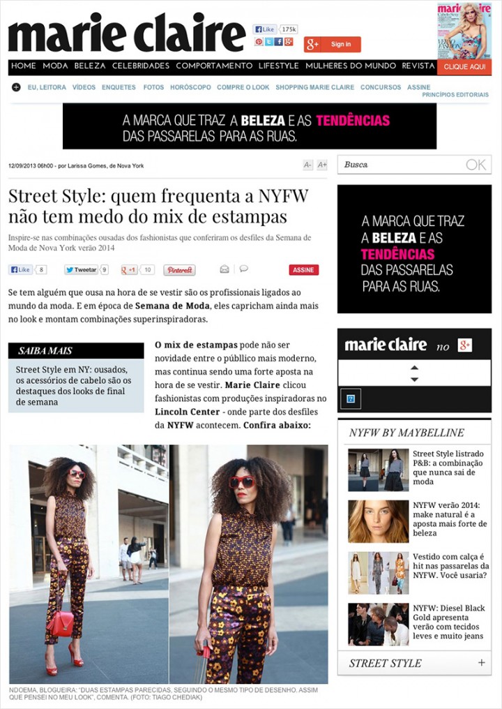 The Global Girl Press: Ndoema featured in Marie Claire Brazil in head-to-toe clashing floral print look with red sunglasses, red patent leather shoes and red handbag during New York Fashion Week