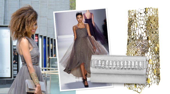 The Global Girl: Ndoema wears an off-the-runway tulle dress from Son Jung Wan, Onna Ehrlich silver metallic bag, Bronze and diamond cuff by Ayaka Nishi at New York Fashion Week