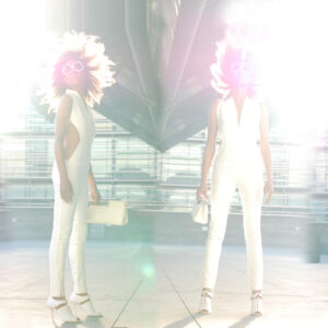 Ndoema channels Sun Girl Selah Burke in all white look: cutout jumpsuit by Son Jung Wan, Balenciaga sunglasses, Helmut Lang lace-up sandals and Prada bag.