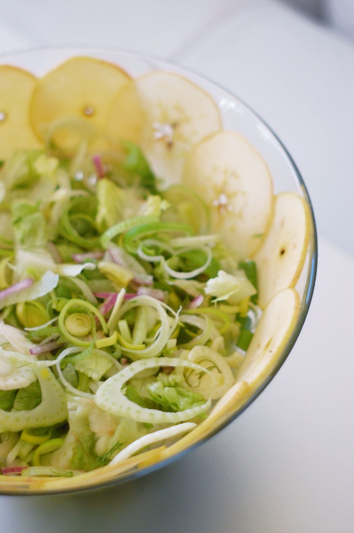 The Global Girl Raw Vegan Recipes: Fennel & Apple Salad with red onion, romaine lettuce and leeks.