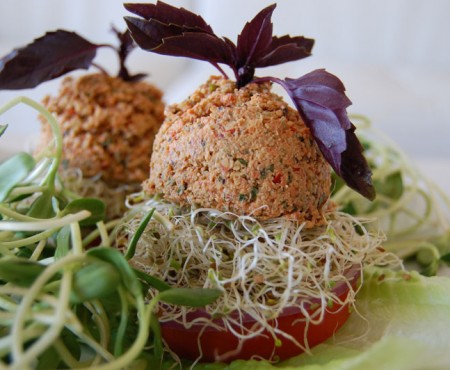 Raw Vegan Recipe: Juicy Raw Vegan Burger with walnuts, avocado, clover and sunflower sprouts in a tomato bun