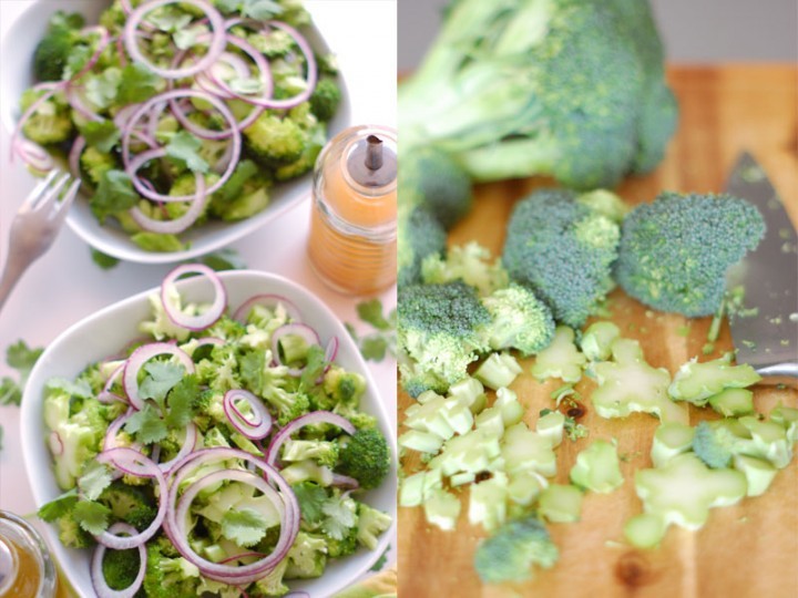 The Global Girl shares her raw vegan diet essentials: raw marinated broccoli salad recipe with cilantro and red onio