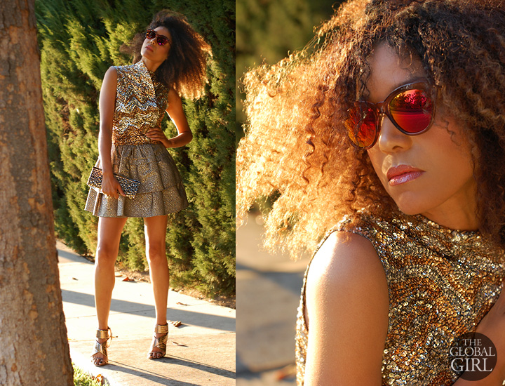 The Global Girl Daily Style: Ndoema sports the all-gold look in a Diane Von Furstenberg a-line mini skirt, Camilla Skovgaard sandals, Le Specs cat eye mirrored sunglasses, vintage sequin top and Banana Republic jeweled clutch.