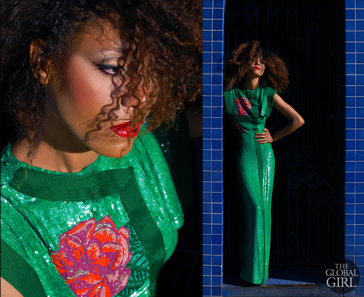 The Global Girl Fashion Editorials: Ndoema sports an Asian-inspired emerald green sequin evening dress with hand-beaded rose embellishment by African fashion designer Mimi Plange.