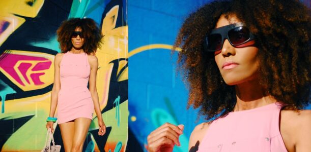 Ndoema sports a pink Versace dress, Phillip Lim sunglasses, Paola Graglia Bag and Report Signature floral high heel shoes