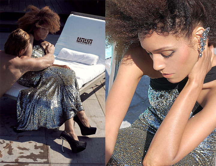 The Global Girl Fashion Cinema Series: In this scene shot at the Thompson Beverly Hills rooftop swimming pool on the set of The Global Girl's new film Second Chance, Ndoema sports a silver sequin halter mermaid dress by Australian designer Rachel Gilbert, snake platform pumps with silver metal heels by Monika Chiang and Swarovski Crystal-studded ear cuffs by Monika Chiang