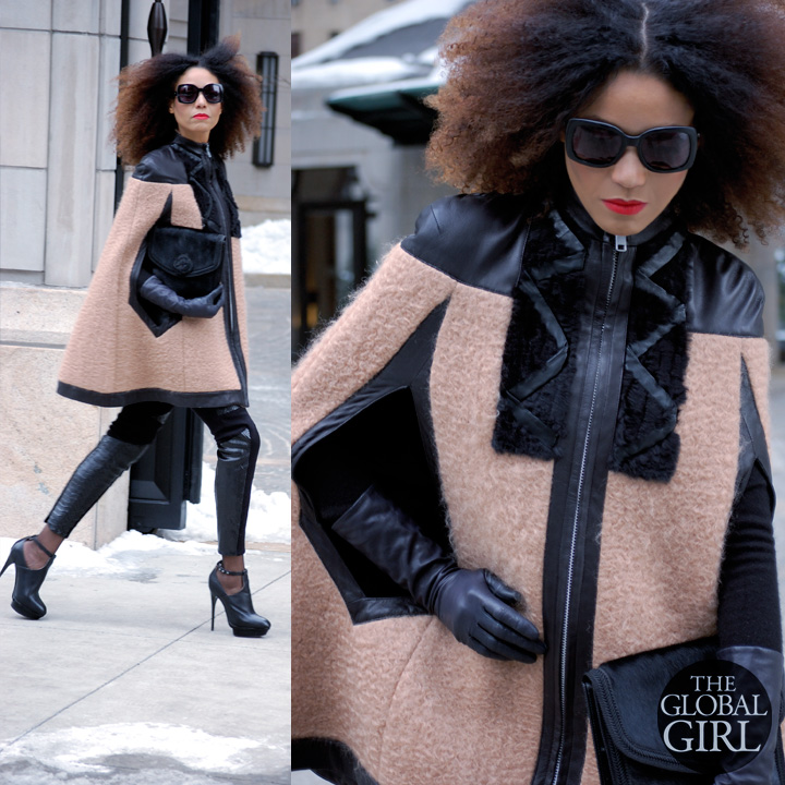 The Global Girl Daily Style: Ndoema rocks the winter cape look during New York Fashion Week in a wool and leather cape with leggings by Mimi Plange, Emanuel Ungaro bag, Topshop booties, vintage leather gloves and Chloe sunglasses.